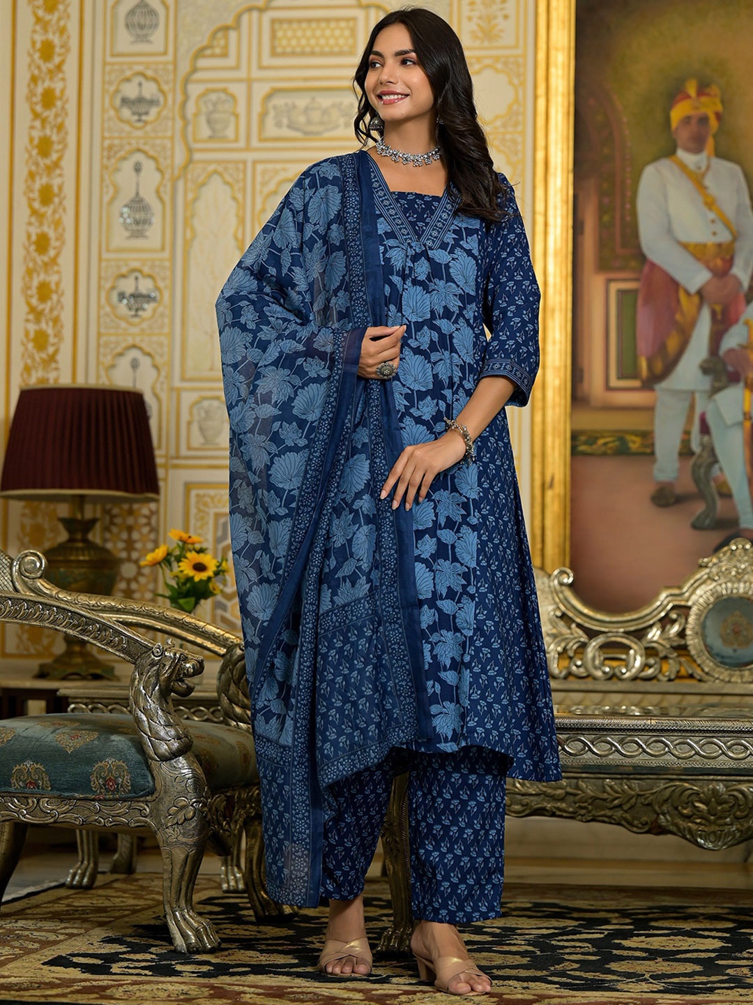 

KALINI Floral Printed V Neck A-Line Kurta With Trousers & Dupatta, Blue