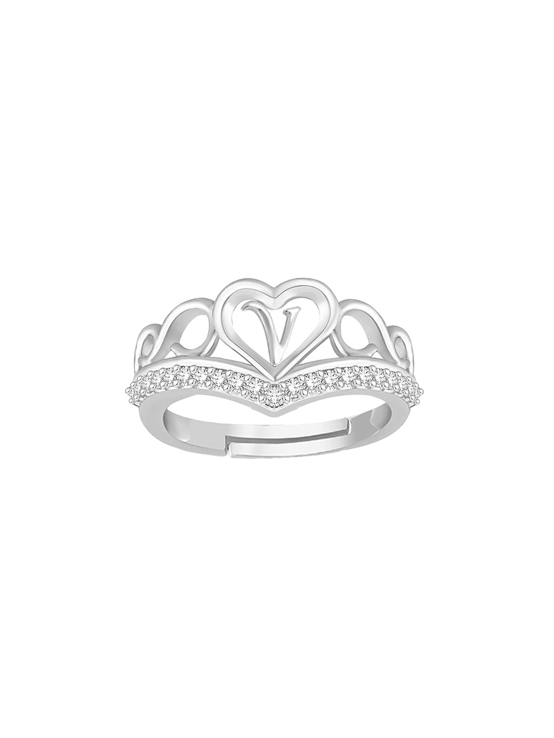

Lila Silver Plated Cubic Zirconia Stone Studded Alphabet V Finger Ring