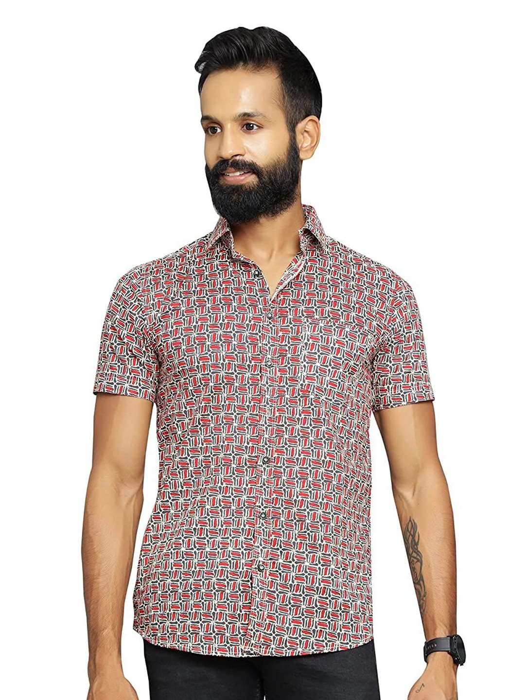 

SAY Men Classic Spread Collar Abstract Printed Cotton Casual Shirt, Red