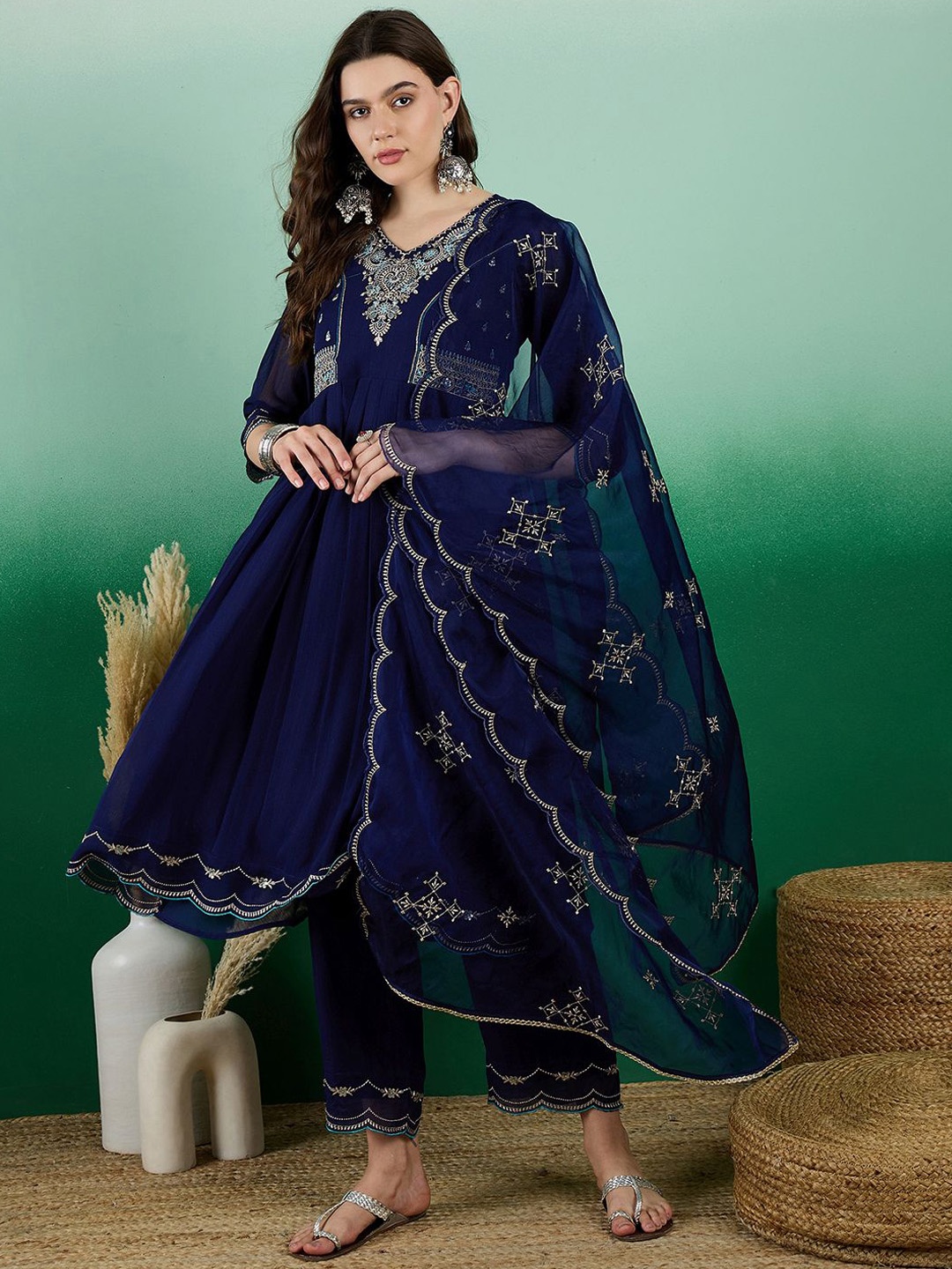 

Sangria Embroidered A-Line Kurta & Trouser With Dupatta, Navy blue