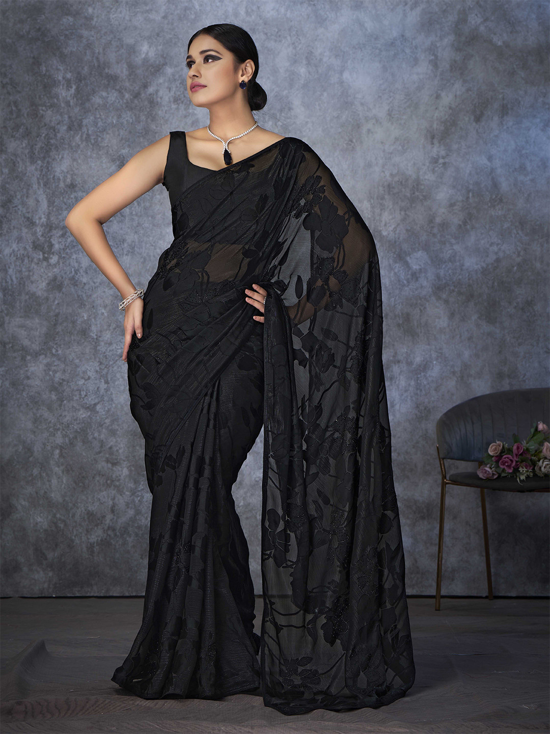 

Ethnielle Floral Beads and Stones Brasso Designer Saree, Black