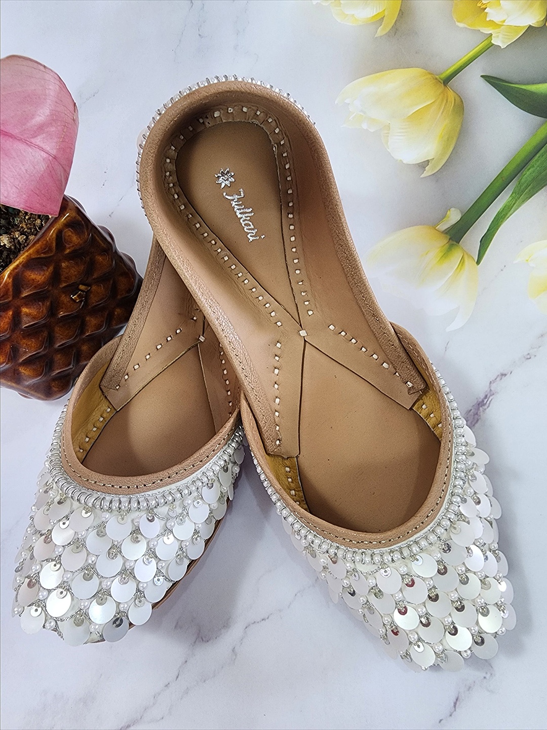 

Fulkari Women Ethnic Embellished Leather Mojaris Flats, White