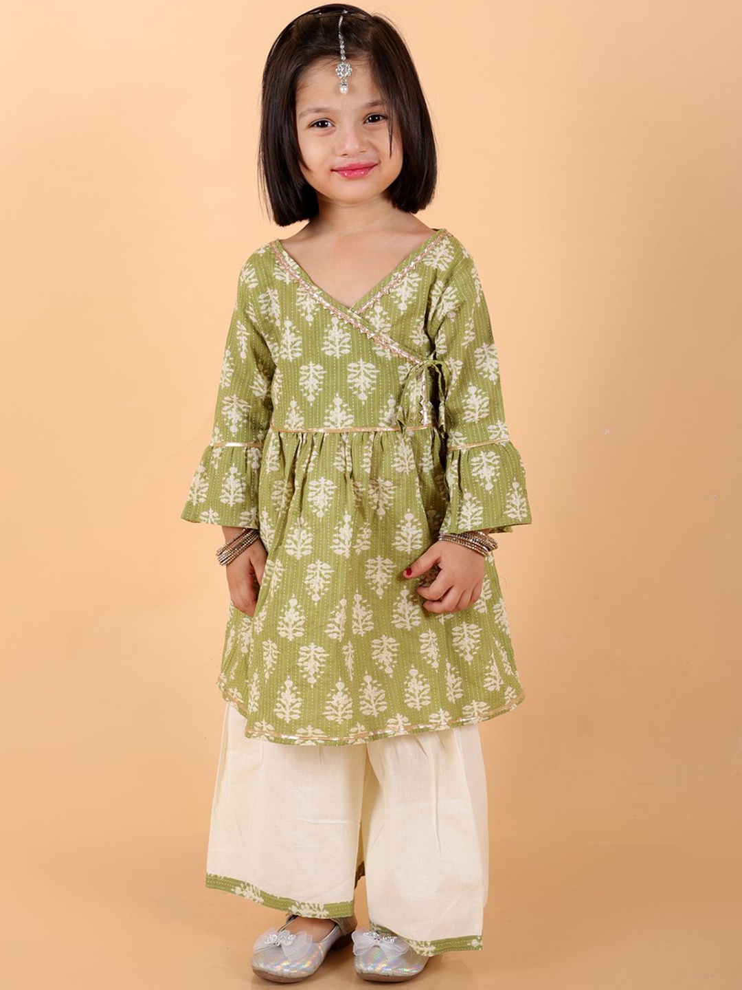 

BAESD Girls Ethnic Motifs Printed Angrakha Gotta Patti Pure Cotton Kurti with Sharara, Green