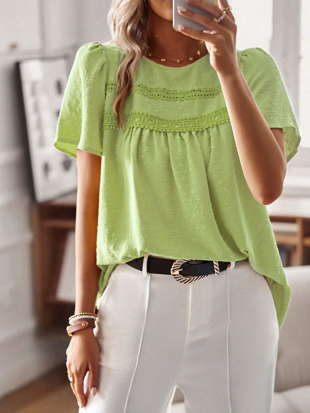 

StyleCast Women Self Design Round Neck Top, Green