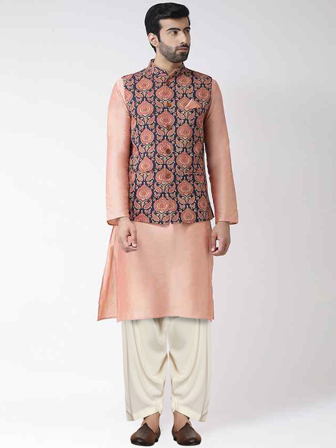 

Anouk Navy Blue & Peach Ethnic Motifs Printed Mandarin Collar Kurta with Patiala