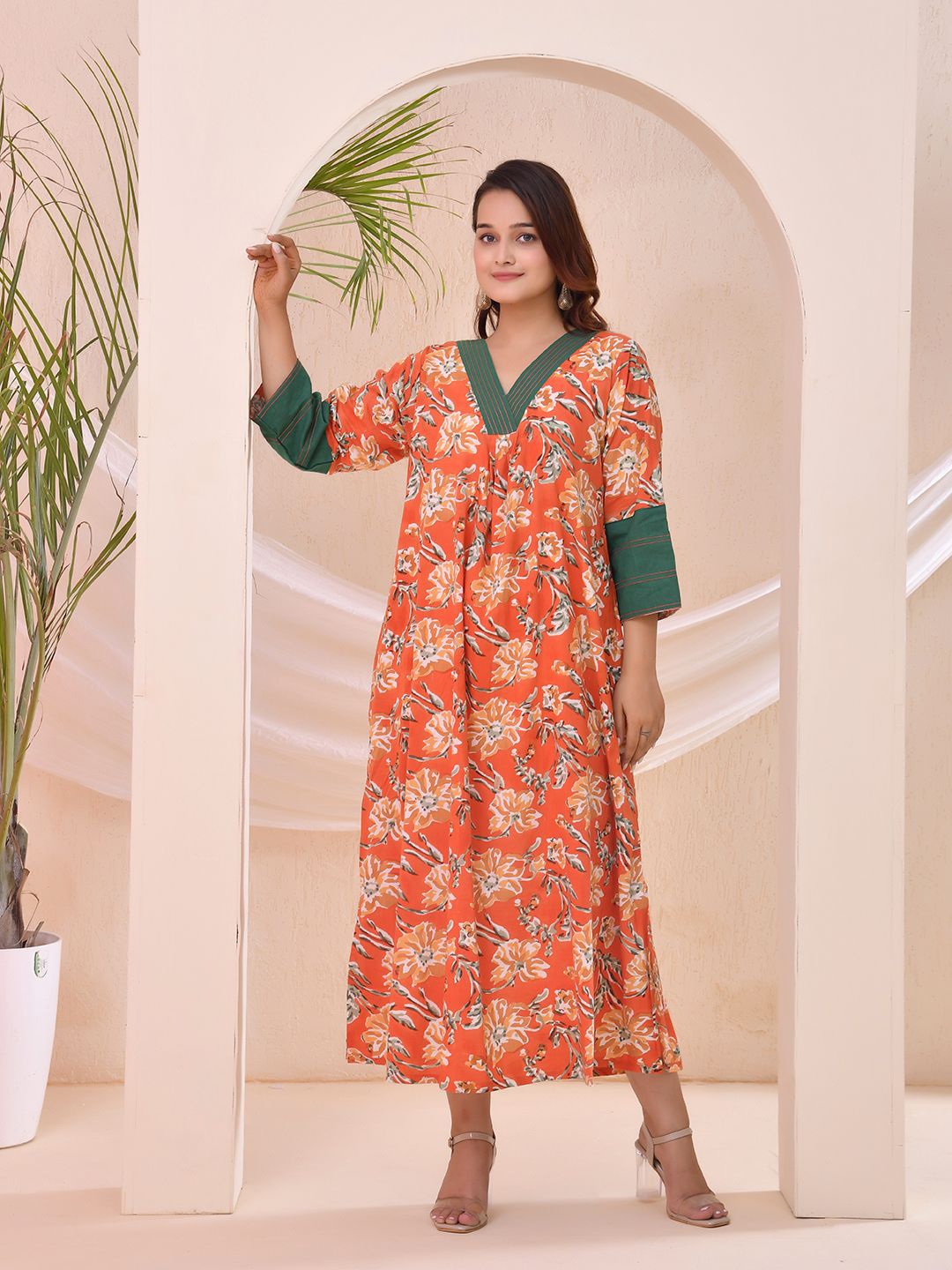

THE SAFFRON SAGA Floral Printed Pure Cotton A-Line Midi Dress, Orange