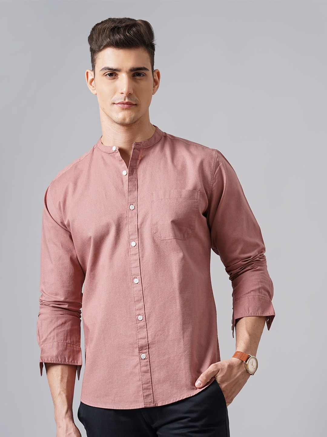 

British Club Men Smart Band Collar Solid Cotton Slim Fit Casual Shirt, Mauve