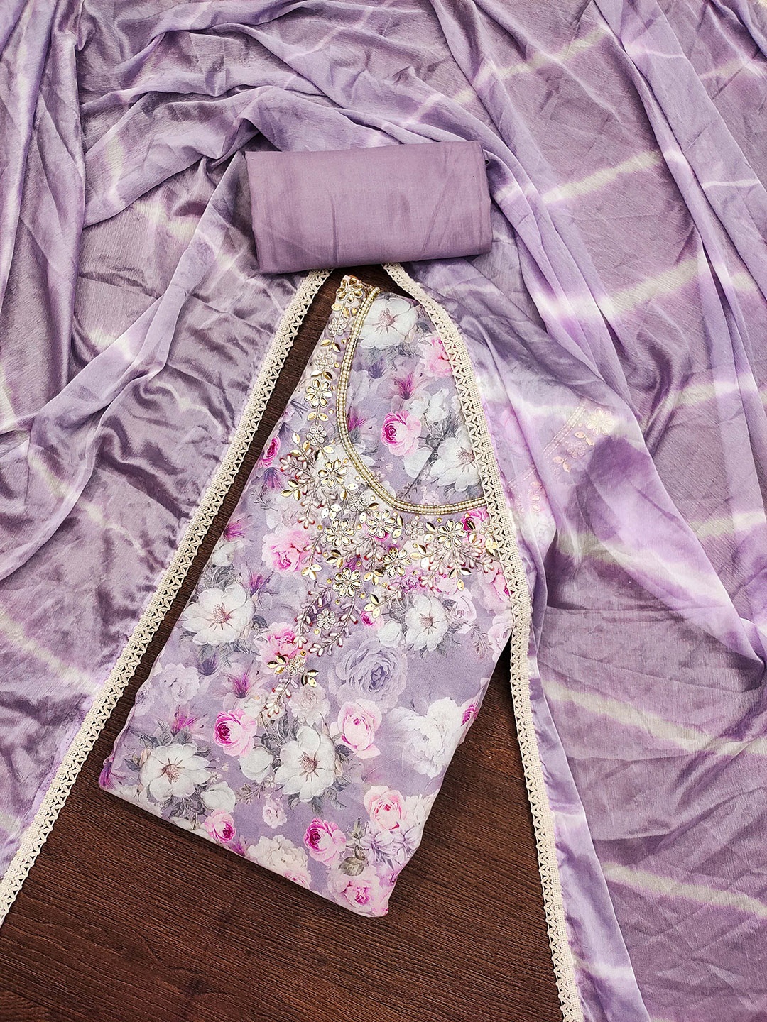 

MANVAA Floral Embellished Beads and Stones Unstitched Dress Material, Lavender