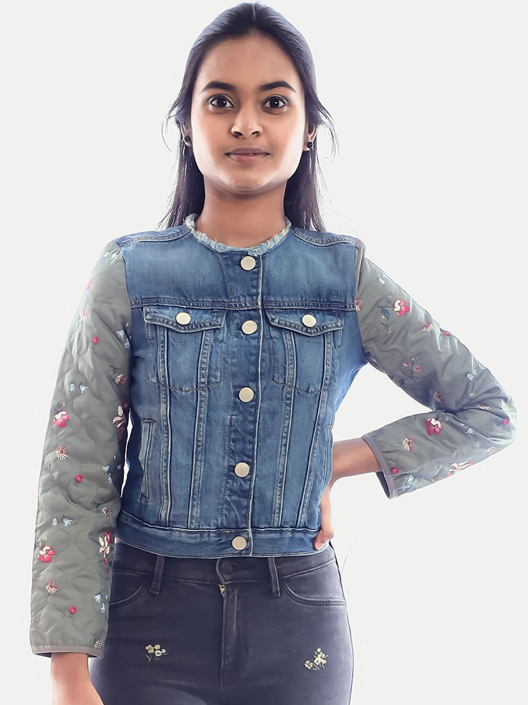 

BAESD Girls Floral Printed Crop Denim Jacket, Blue