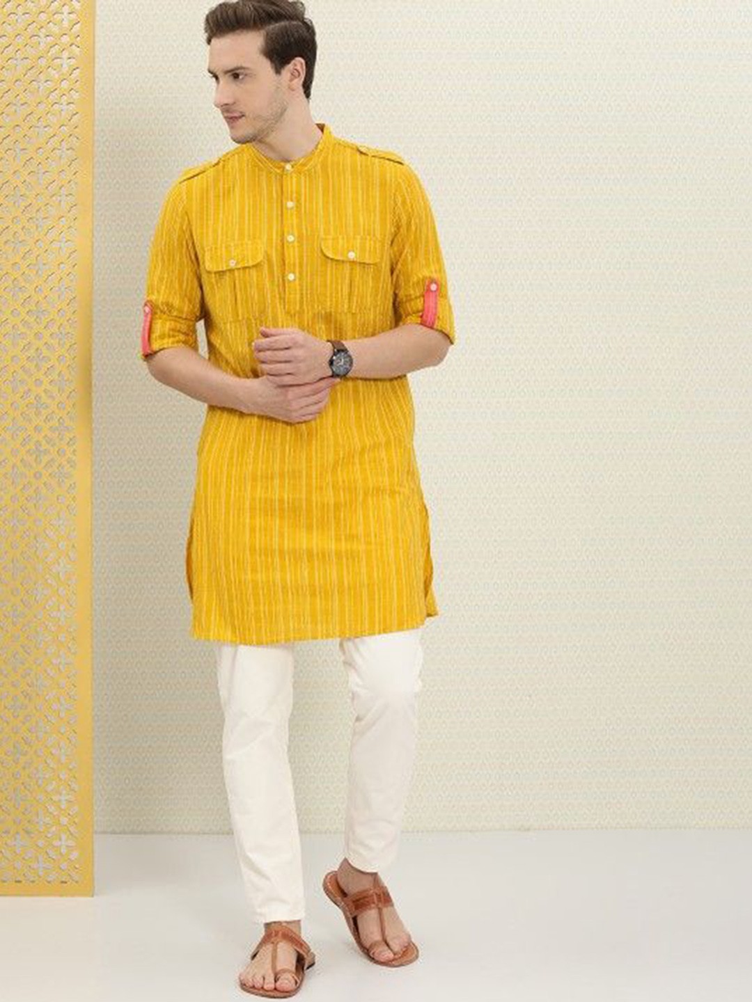 

House of Pataudi Striped Band Collar Roll-Up Sleeves Pure Cotton Kurta, Mustard