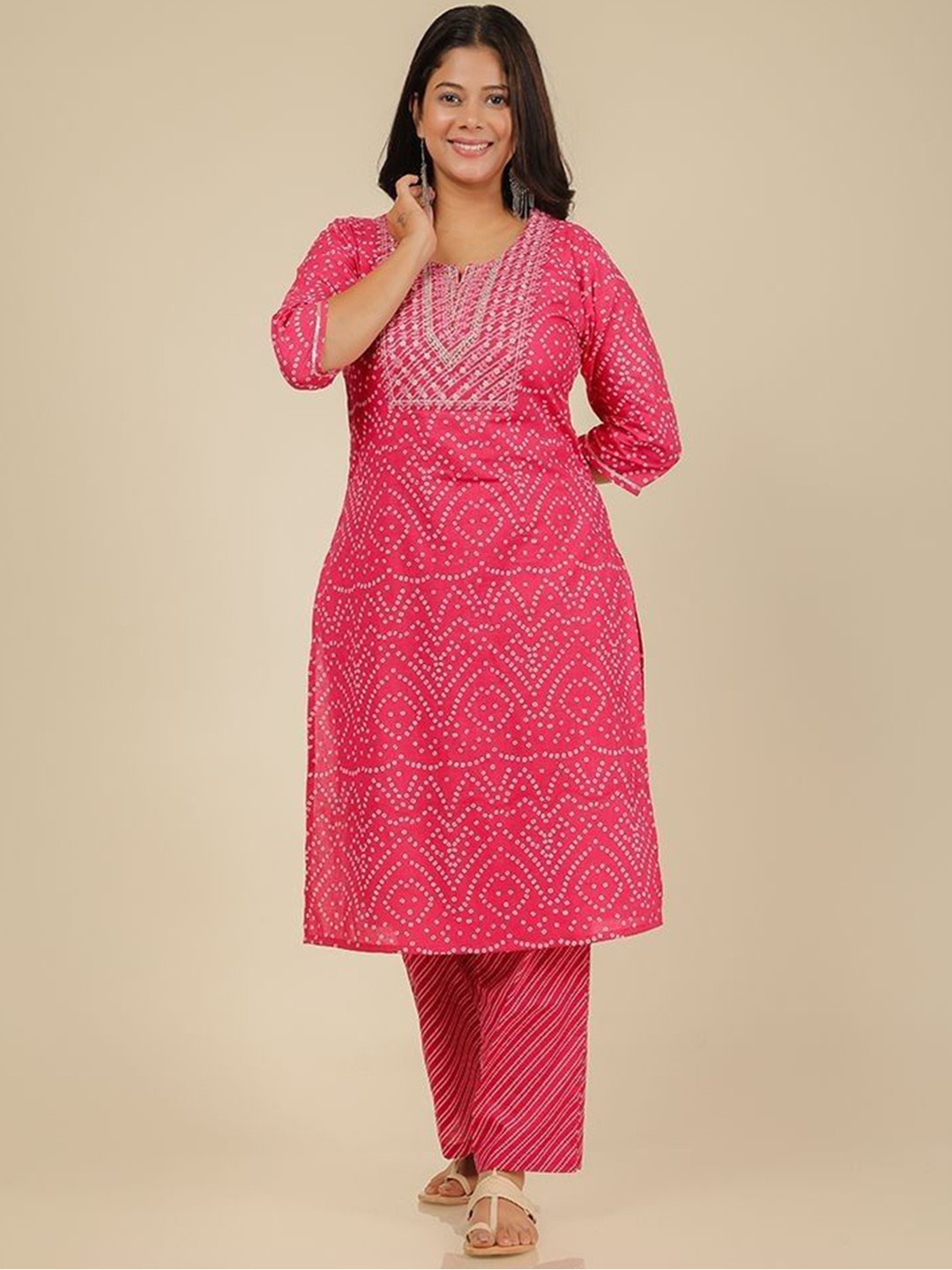 

Aramya Bandhani Printed Thread Work Pure Cotton Straight Kurta With Trousers, Pink