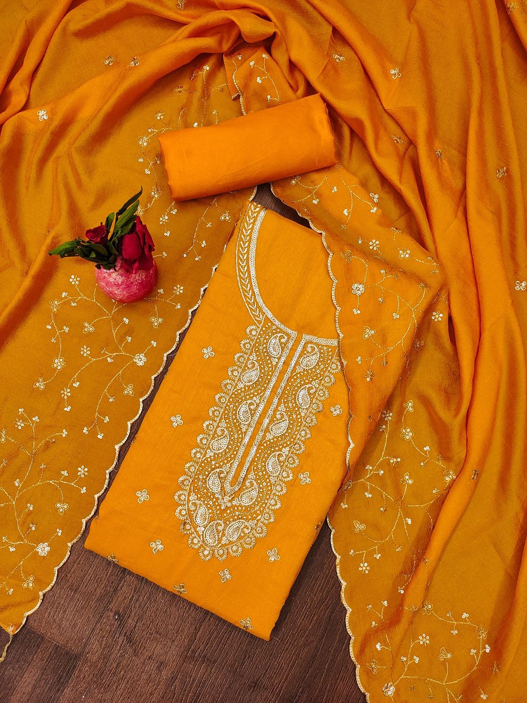 

LeeliPeeri Designer Floral Embroidered Sequinned Vichitra Cotton Unstitched Dress Material, Yellow