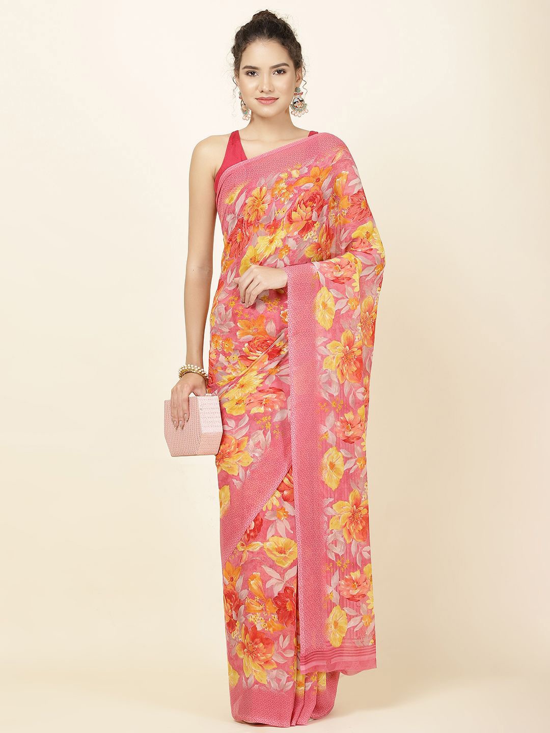 

Meena Bazaar Floral Printed Saree, Pink
