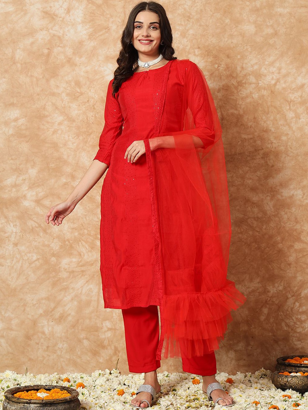 

KALINI Striped Keyhole Neck Sequinned Straight Kurta With Trousers & Dupatta, Red