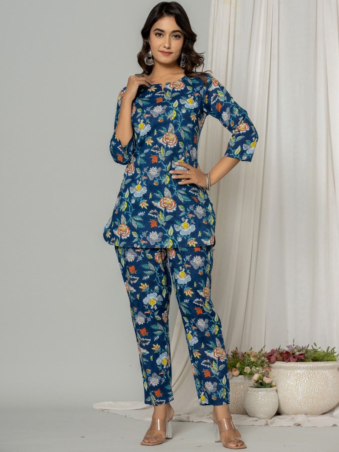 

VEDANA Floral Printed Pure Cotton Co-Ord Set, Blue