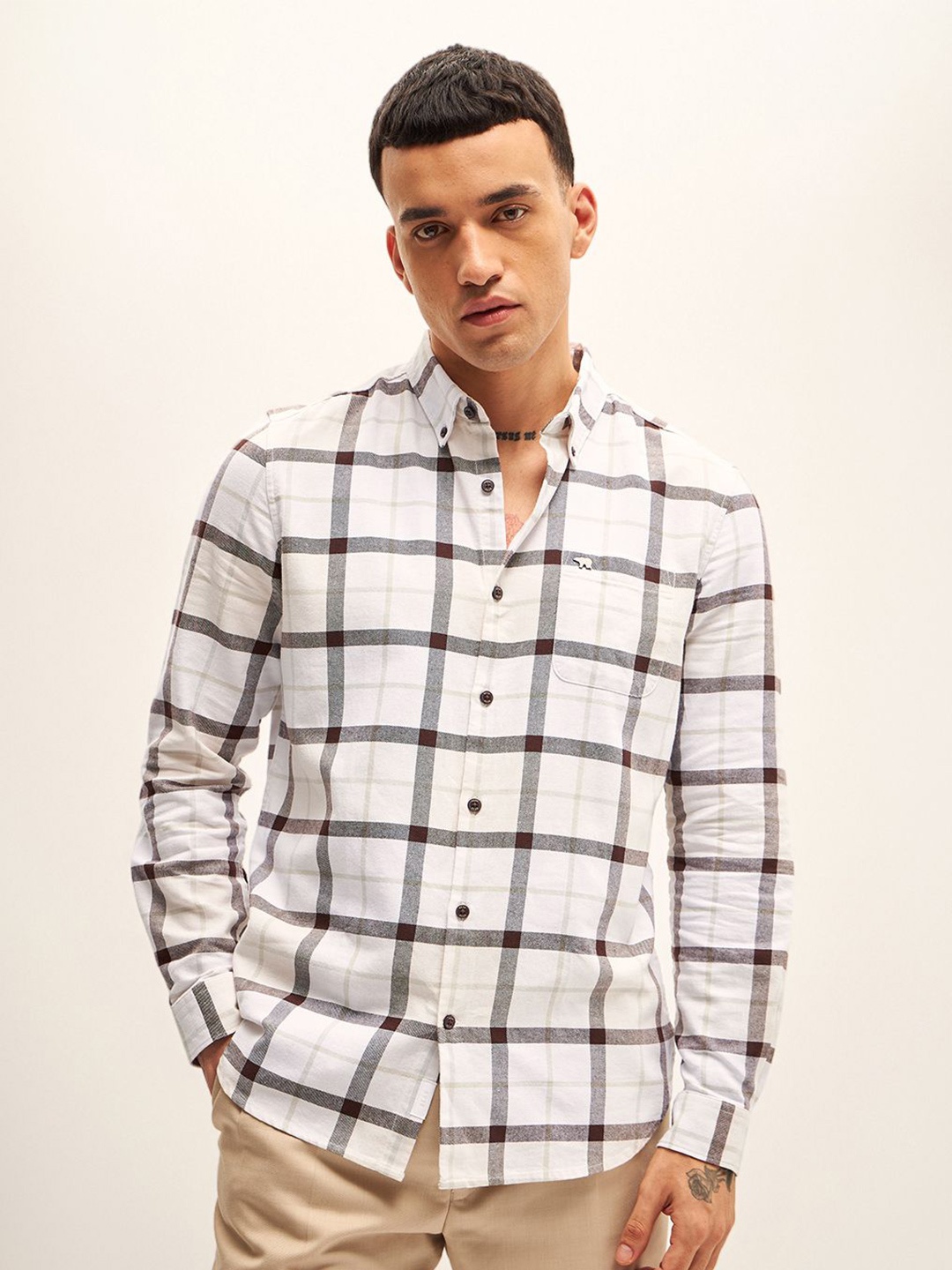 

THE BEAR HOUSE Men Slim Fit Checked Casual Shirt, White