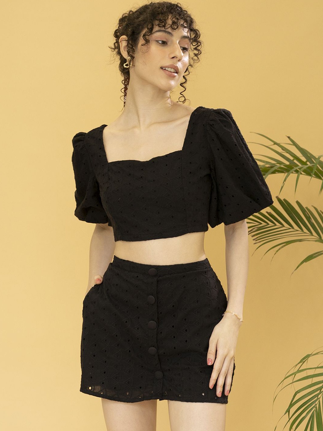 

DressBerry Self Design Pure Cotton Flared Sleeves Schiffli Top & Skirt, Black
