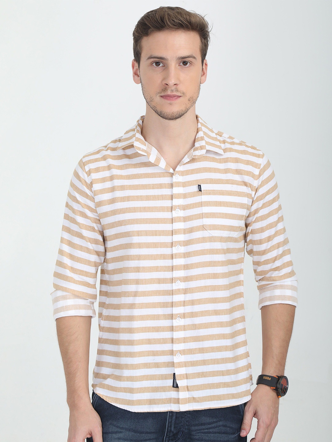 

Rope Men Standard Spread Collar Horizontal Striped Cotton Slim Fit Casual Shirt, Beige