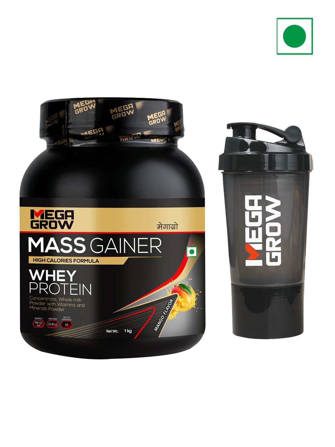 

Megagrow Whey Protein Mass Gainer With Shaker - 1Kg - Mango Flavor, Na