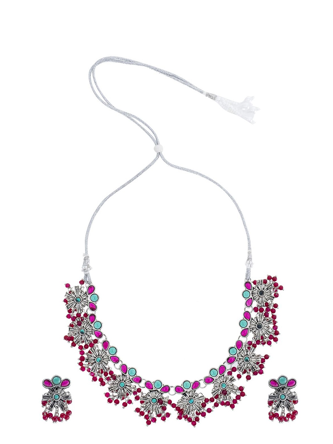 

Shining Jewel - By Shivansh Silver-Plated CZ Studded & Beaded Oxidised Jewellery Set