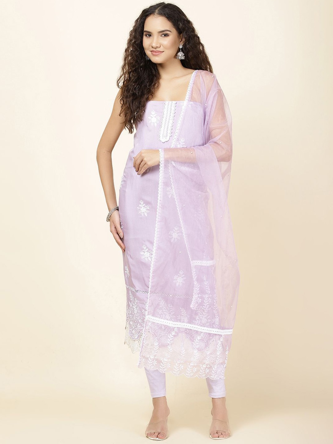 

Meena Bazaar Floral Embroidered Cotton Unstitched Dress Material, Lavender
