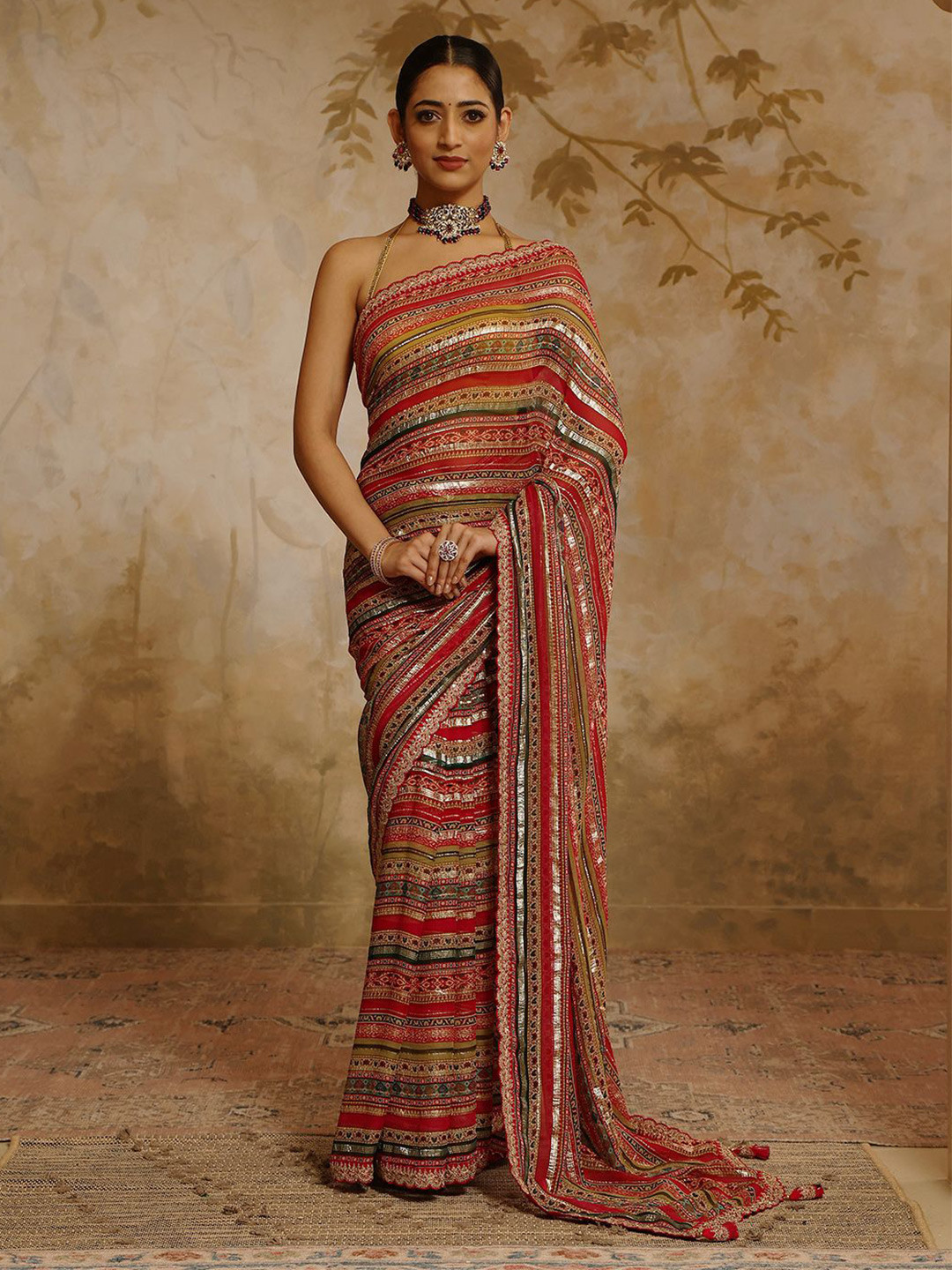 

Meena Bazaar Woven Design Embroidered Saree, Rust