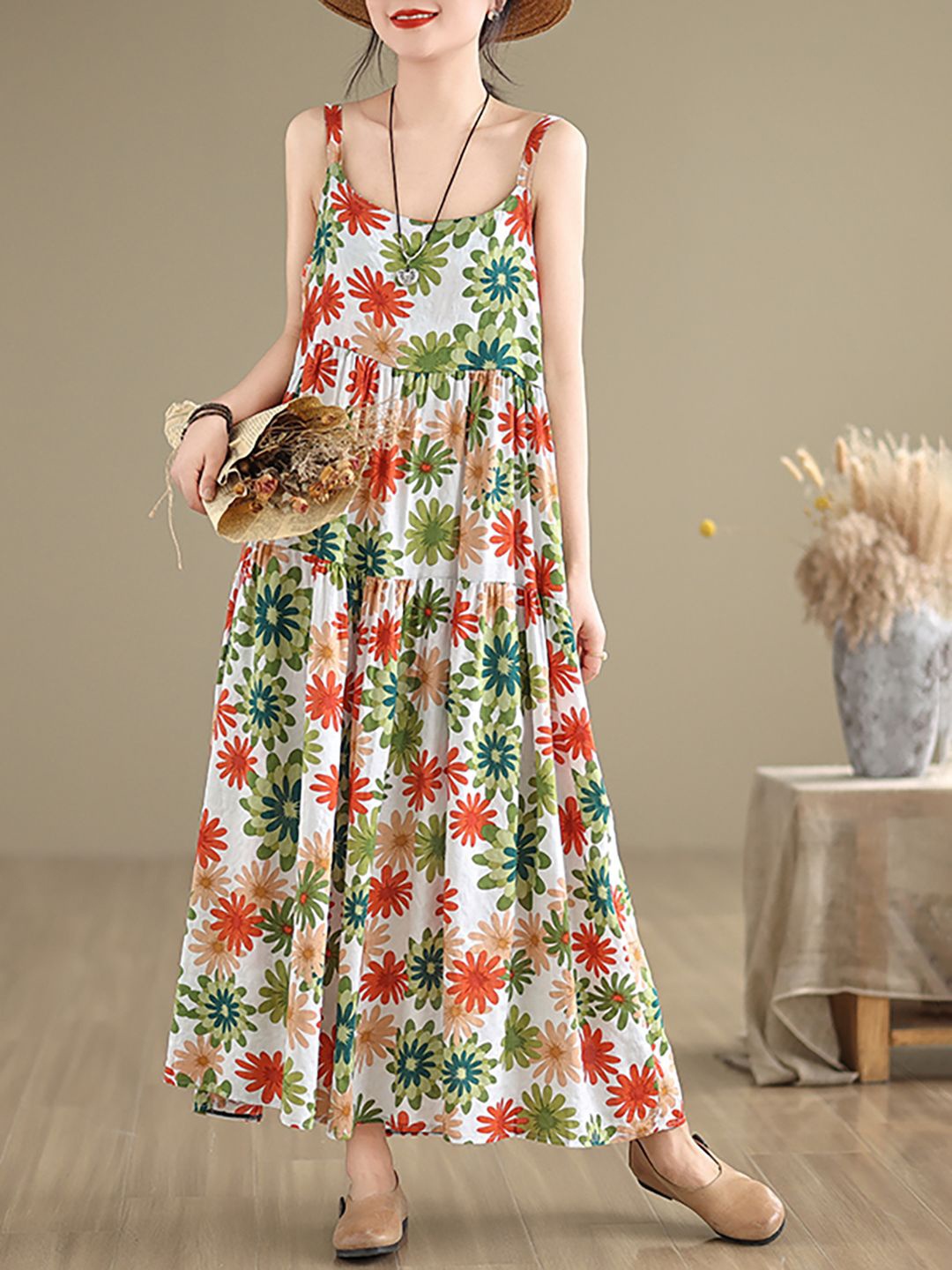 

JC Mode Floral Printed Sleeveless Fit and Flare Maxi Dress, Green