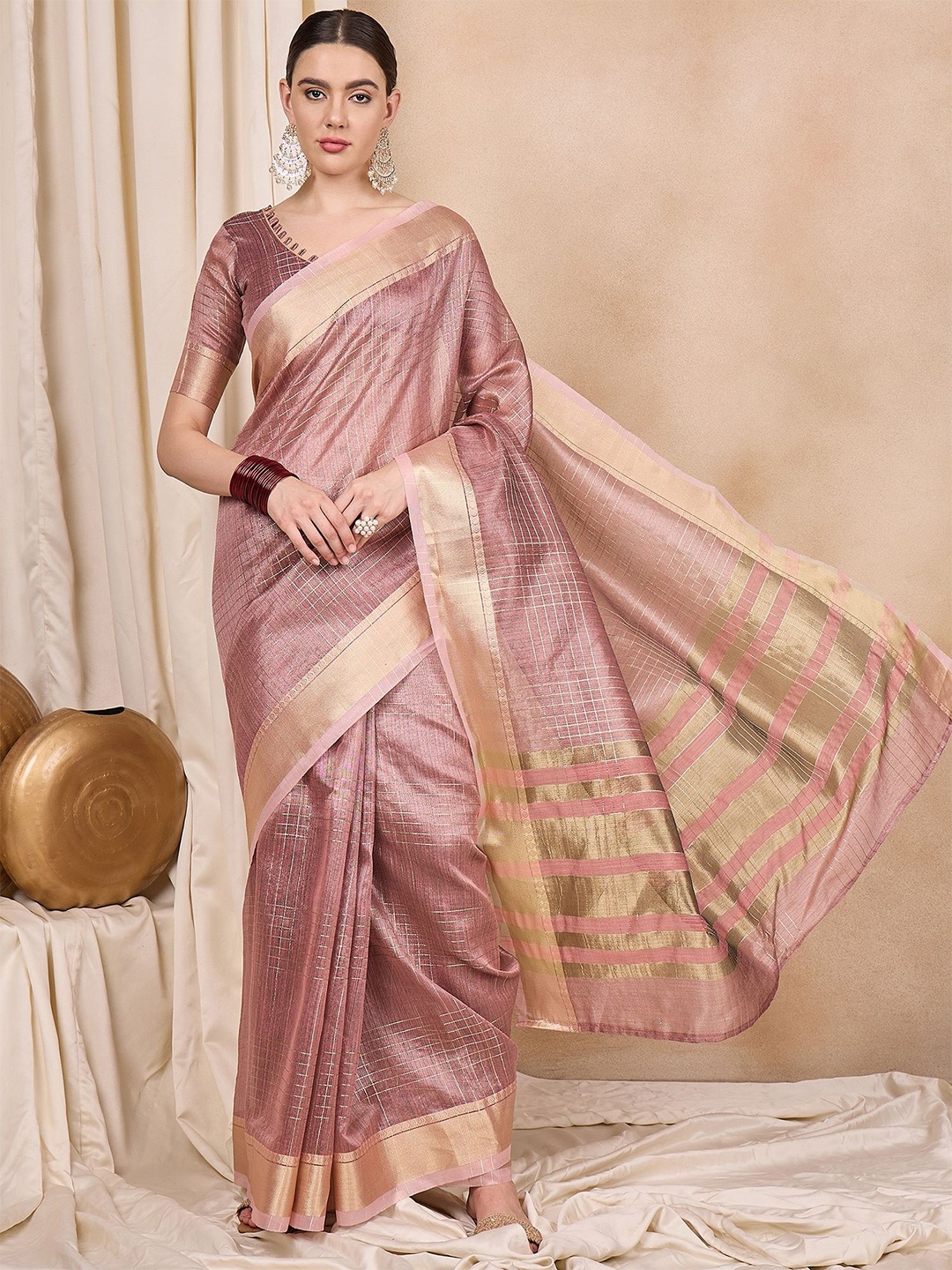 

KAVINDI Woven Design Zari Organza Banarasi Saree, Pink