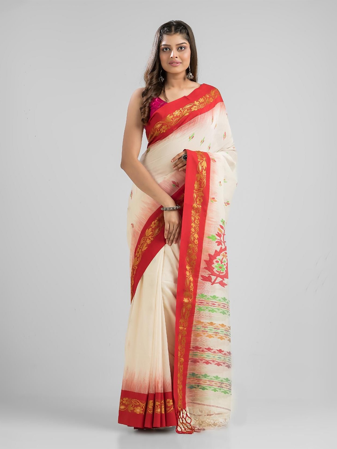 

SAJASAJO Woven Design Zari Pure Cotton Saree, White