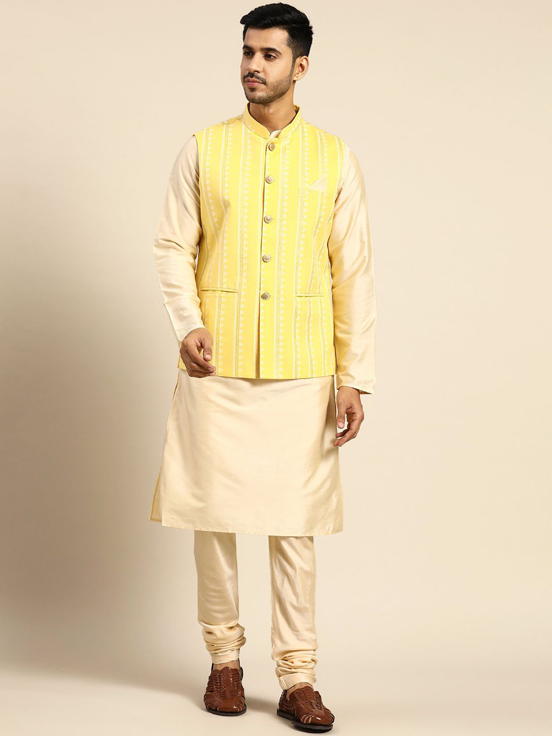 

Anouk Yellow Mandarin Collar Straight Kurta with Churidar & Printed Nehru jacket