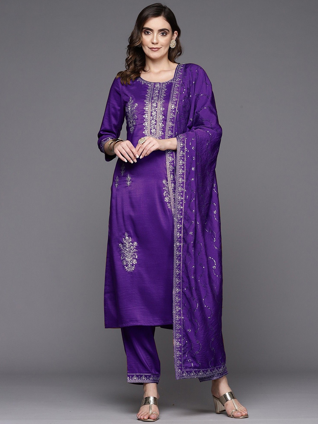 

Indo Era Ethnic Motifs Embroidered Kurta with Trousers & Dupatta, Purple