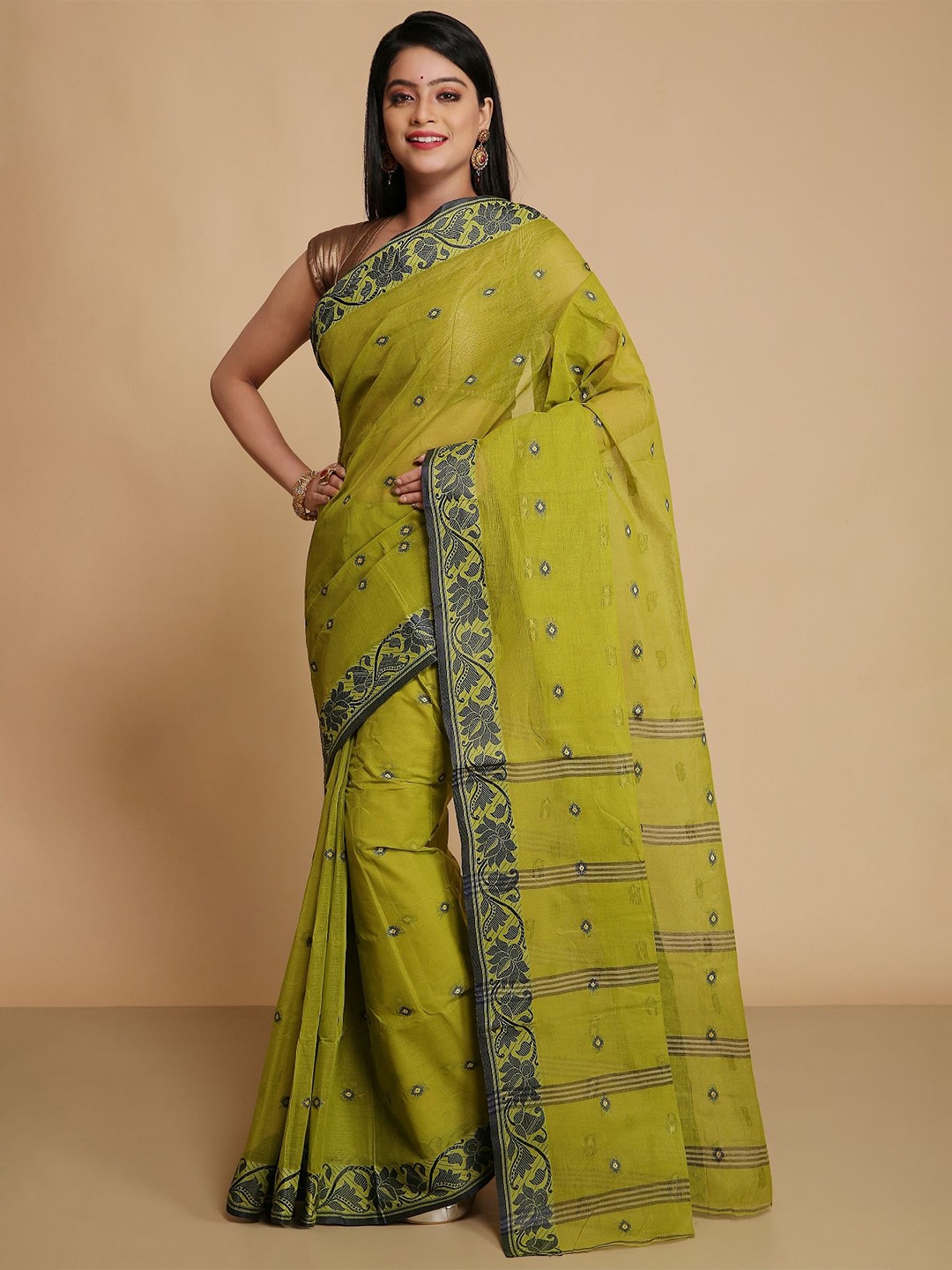 

WoodenTant Ethnic Motifs Pure Cotton Taant Saree, Olive