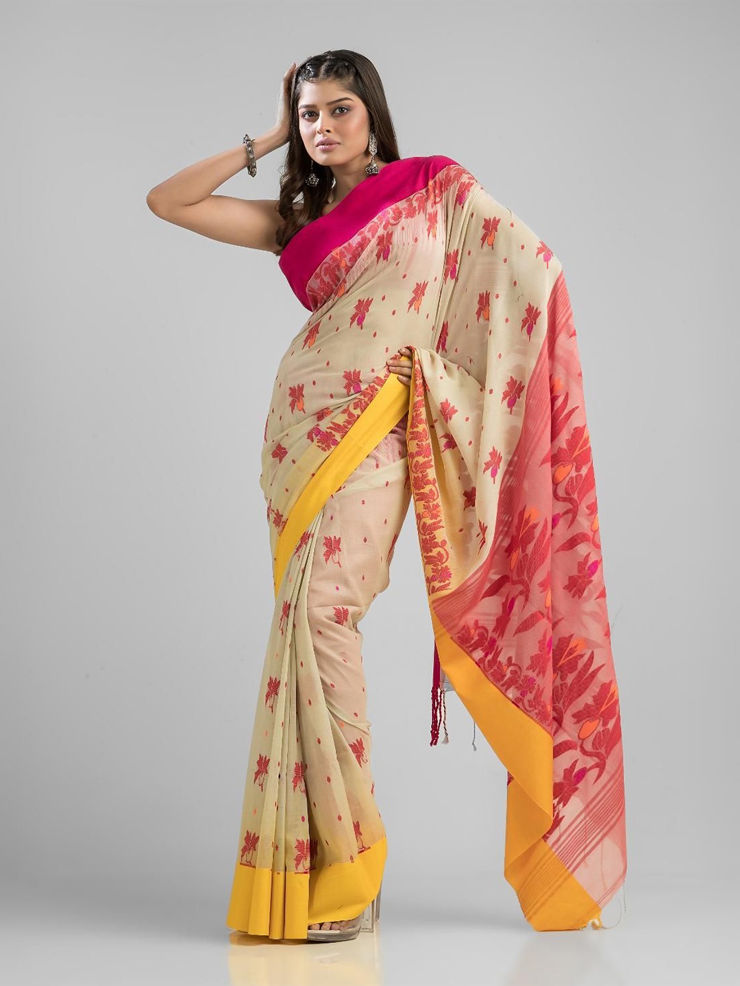 

SAJASAJO Ethnic Motifs Pure Cotton Fusion Saree, Beige