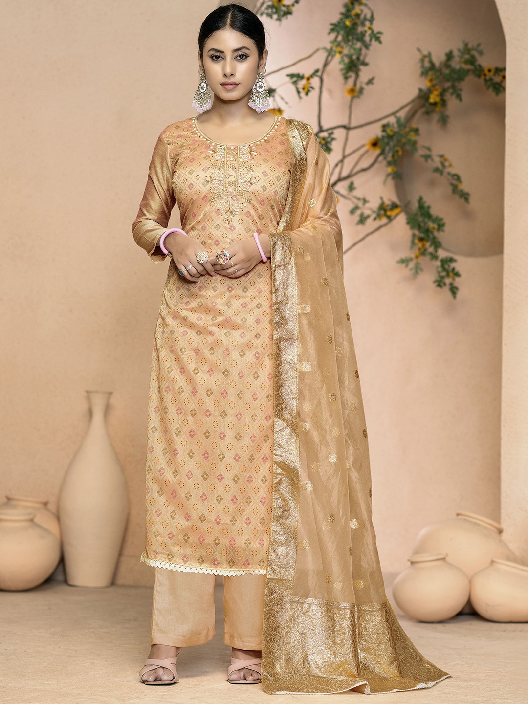 

MANVAA Embellished Unstitched Dress Material, Beige