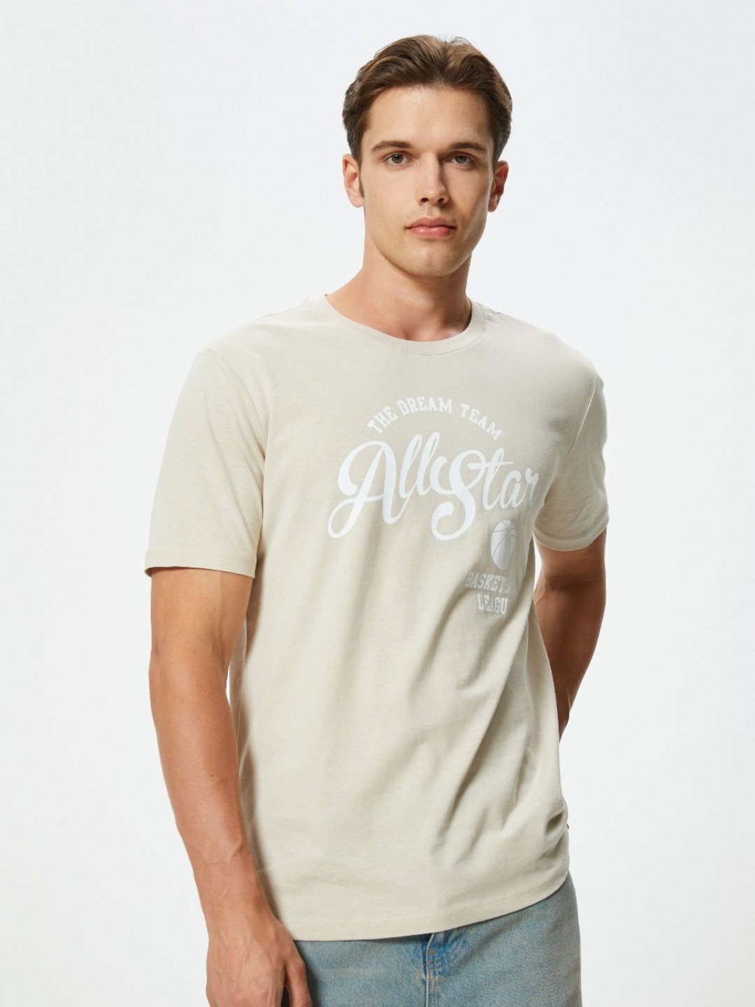 

Koton Men Typography Printed Applique T-shirt, Beige