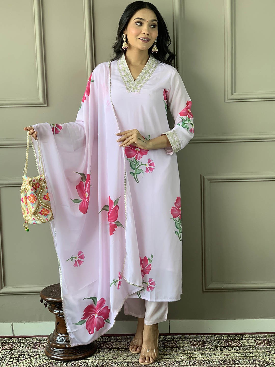 

KALINI Floral Printed V Neck Straight Kurta With Trousers & Dupatta, White
