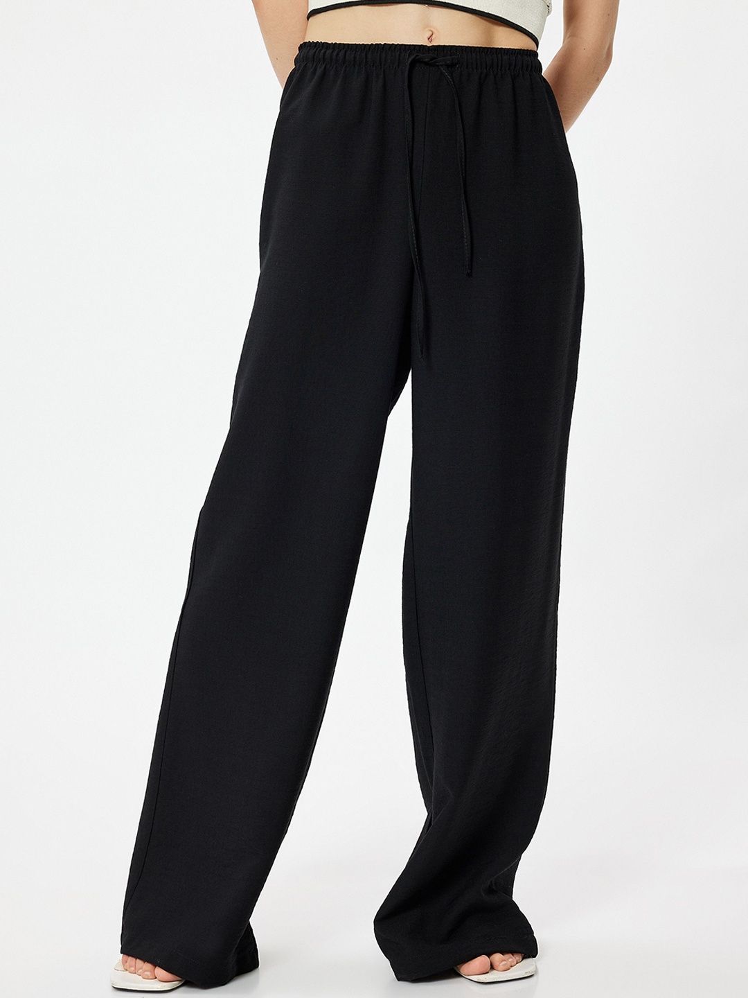 

Koton Women Solid Mid-Rise Parallel Trousers, Black