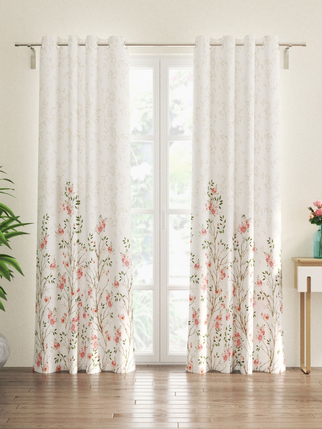 

Home Centre corsica florish White & Green 2 Pieces Floral Black Out Door Curtains