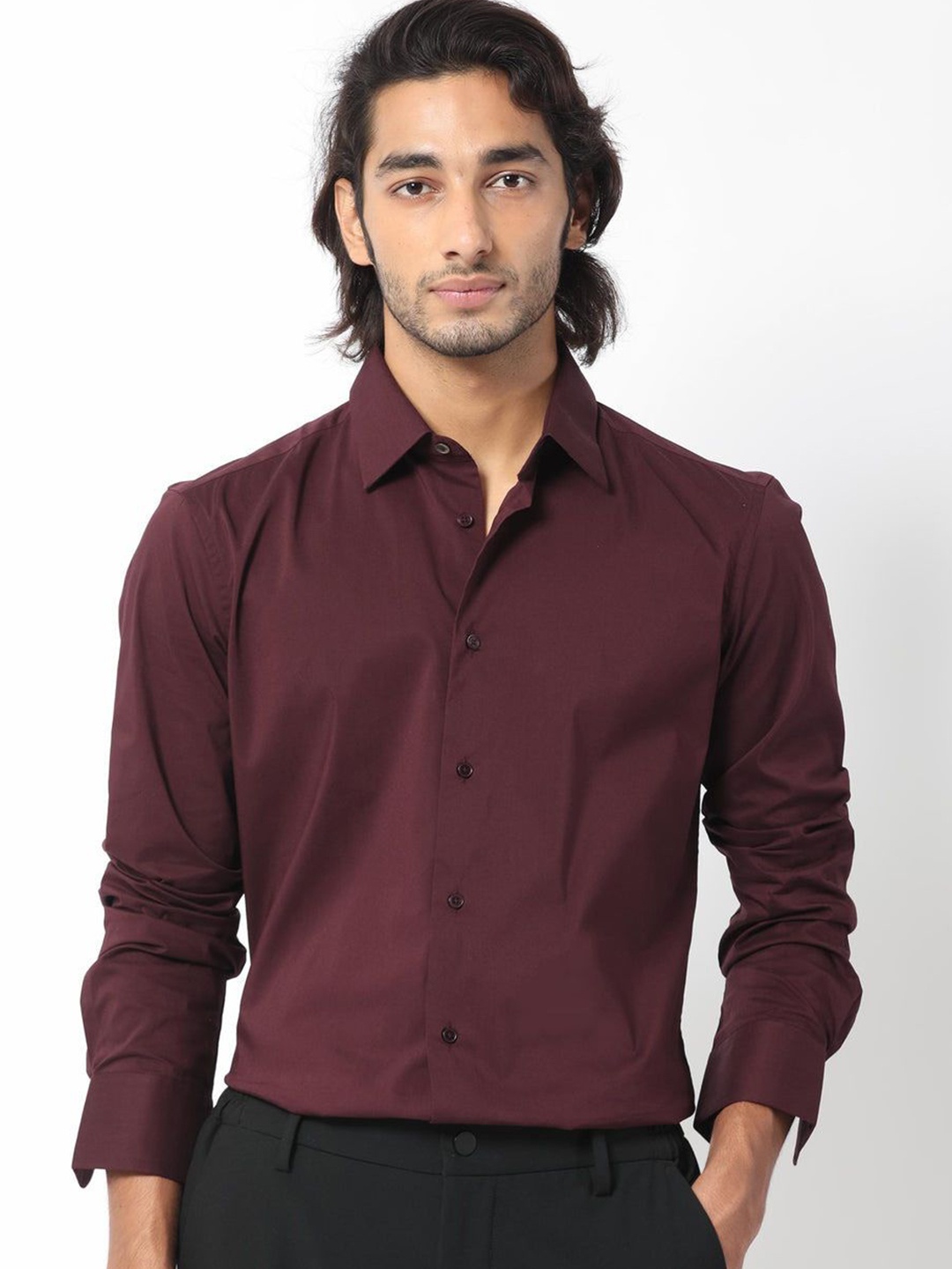 

AIA.FAB Men Classic Solid Spread Collar Casual Shirt, Maroon