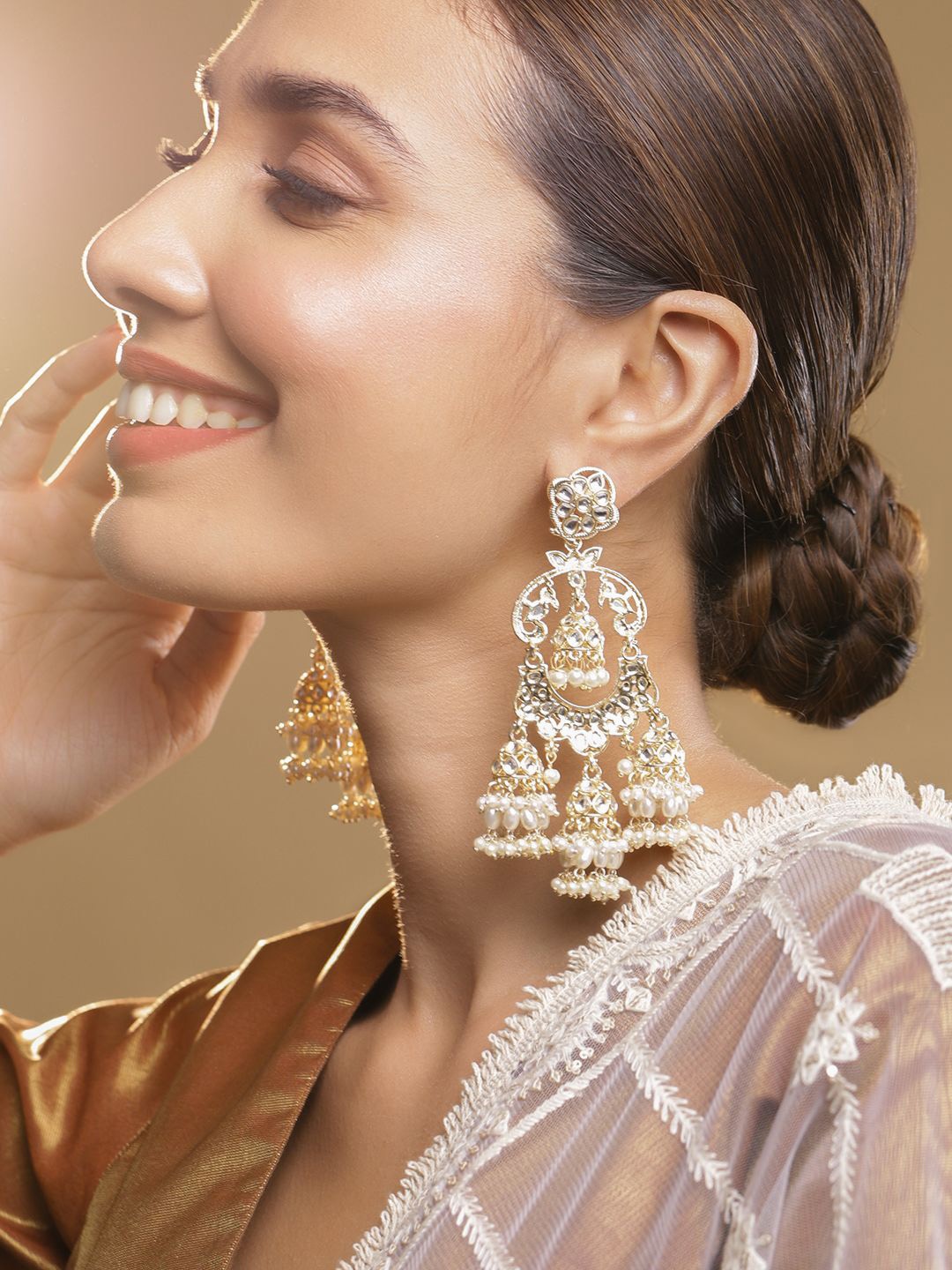 

Rubans 22K Gold Plated Classic Kundan Pearl Drop Earrings