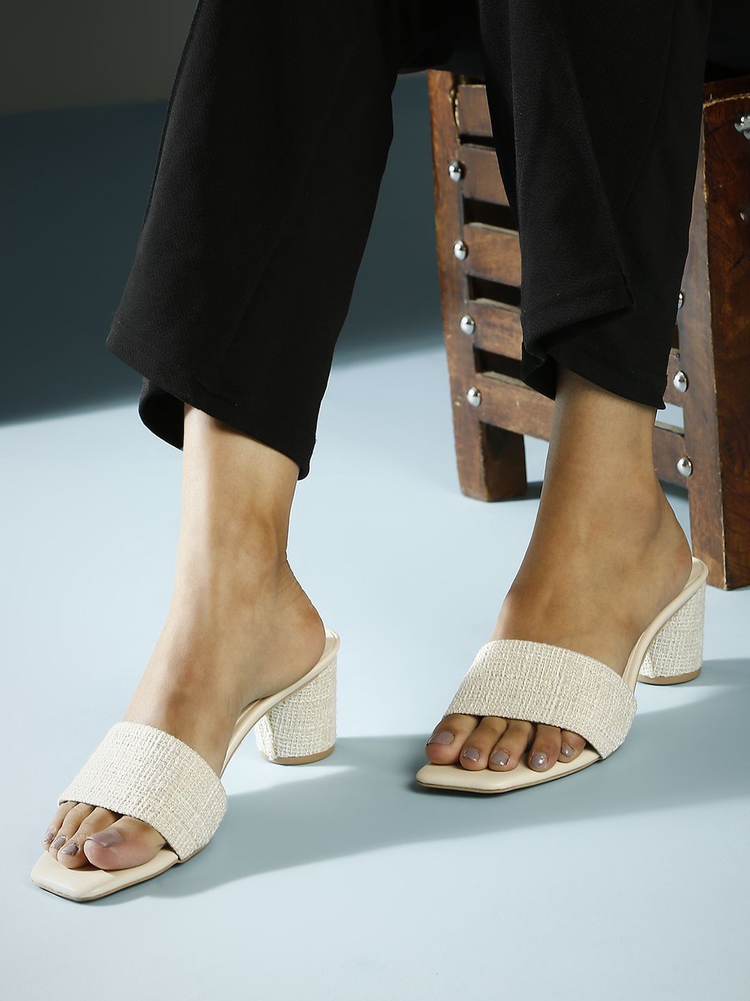 

Inc 5 Textured Open Toe Block Mules, Cream