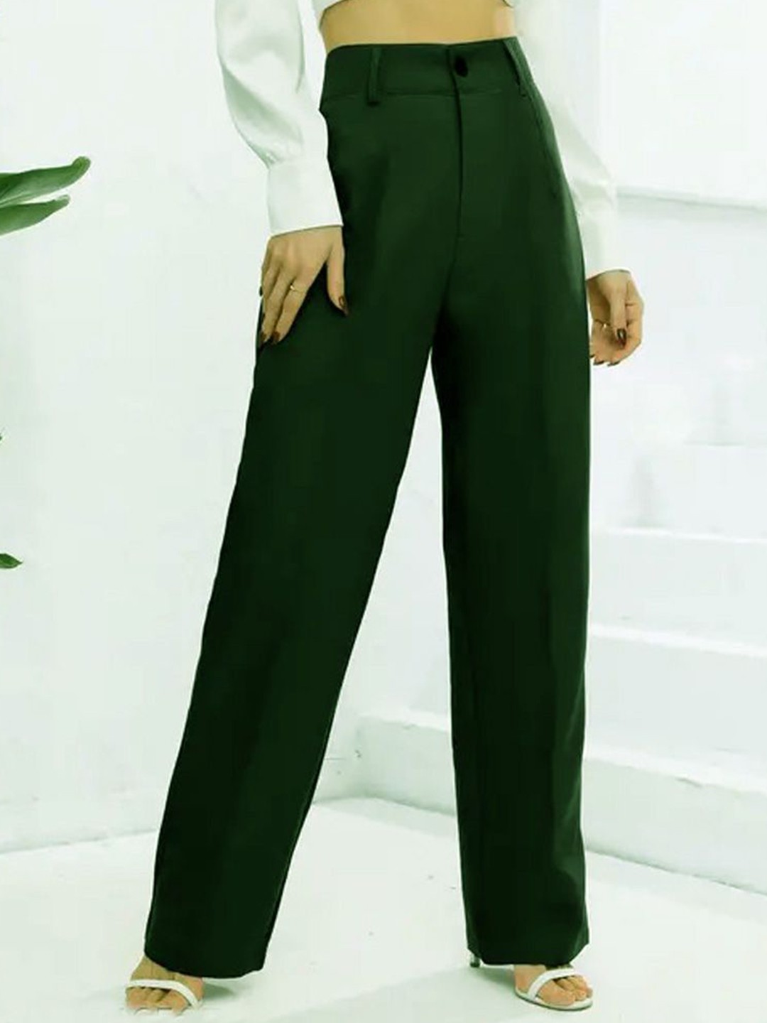 

BAESD Women Relaxed Straight Leg Straight Fit High-Rise Trousers, Olive