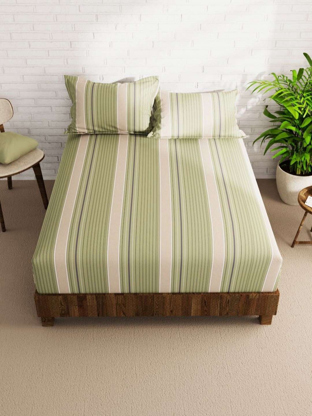 

KOPA Green & Beige Striped 152 TC Queen Bedsheet with 2 Pillow Covers