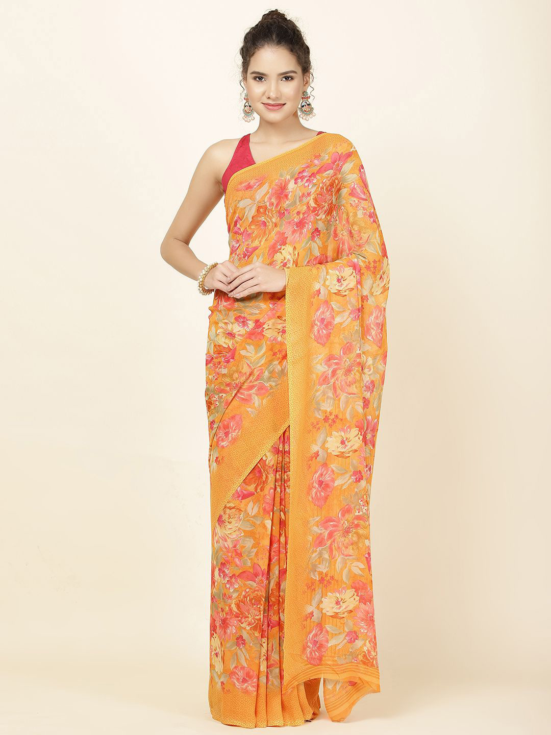 

Meena Bazaar Floral Poly Georgette Saree, Orange