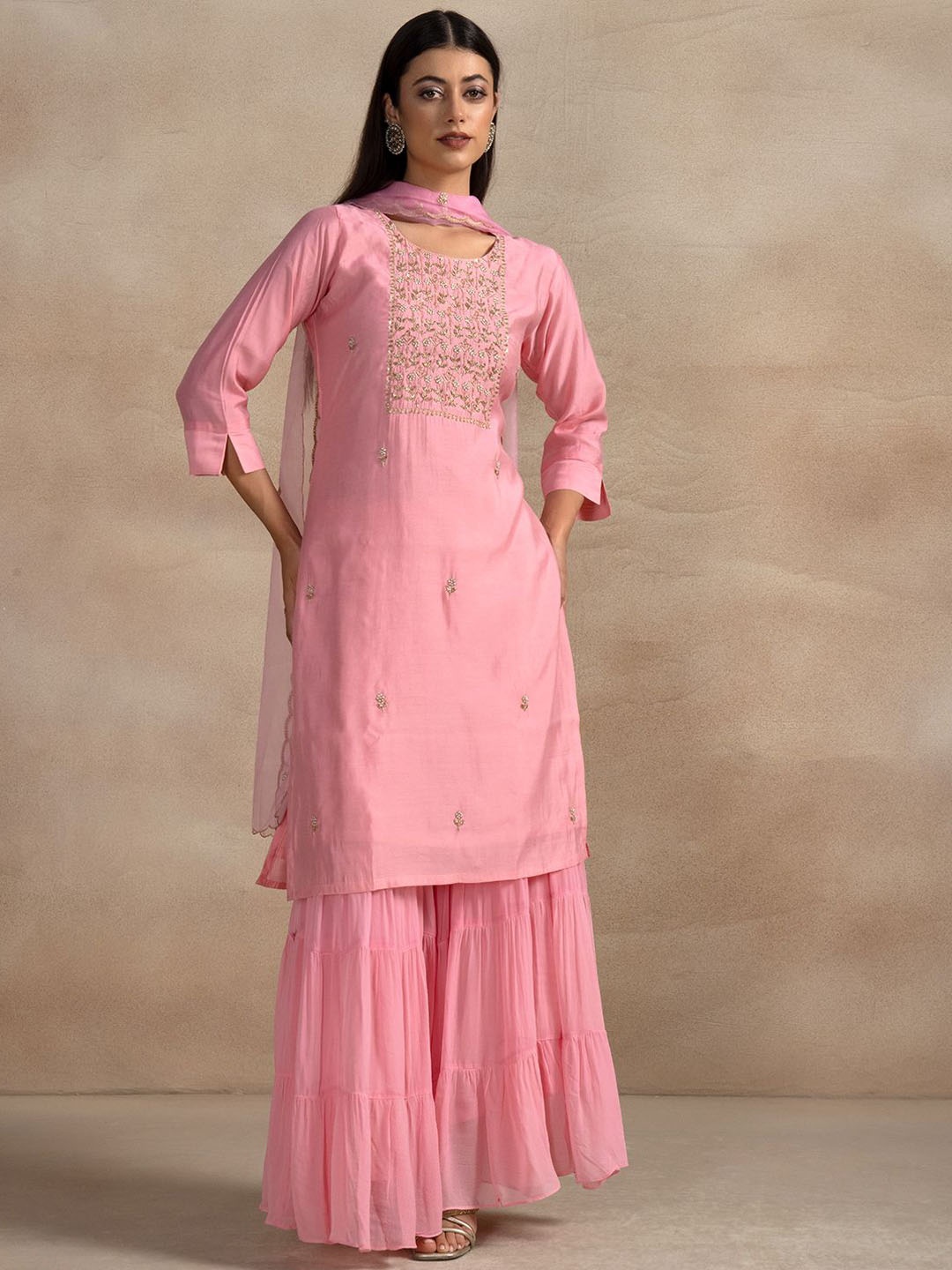 

Rang by Indya Women Floral Embroidered Regular Beads and Stones Kurta with Sharara & With Dupatta, Pink