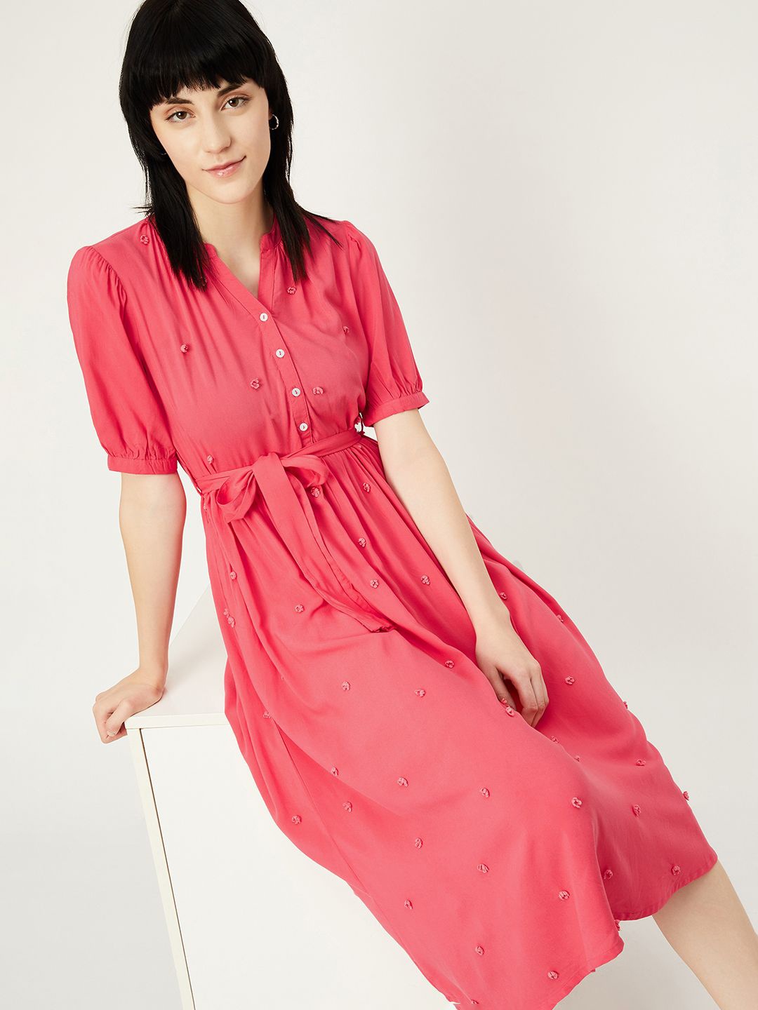 

max Puff Sleeve Fit & Flare Midi Dress, Pink