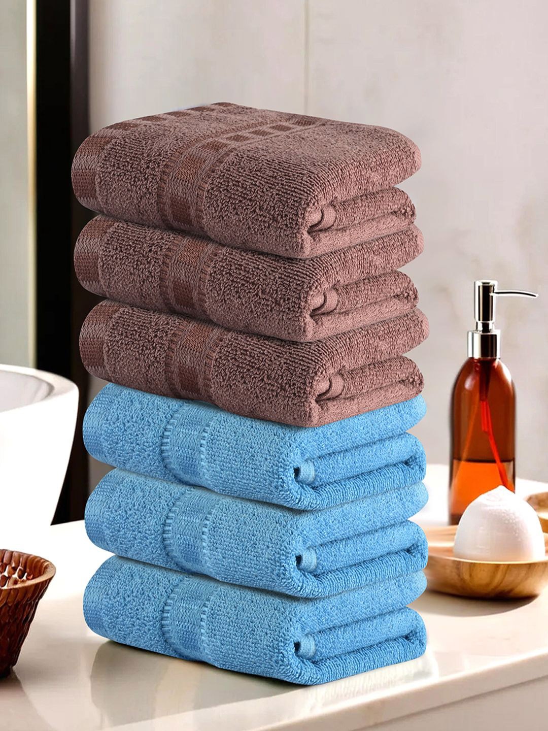 

Kuber Industries Brown & Blue 6 Pieces Cotton Highly Absorbent 225 GSM Face Towel