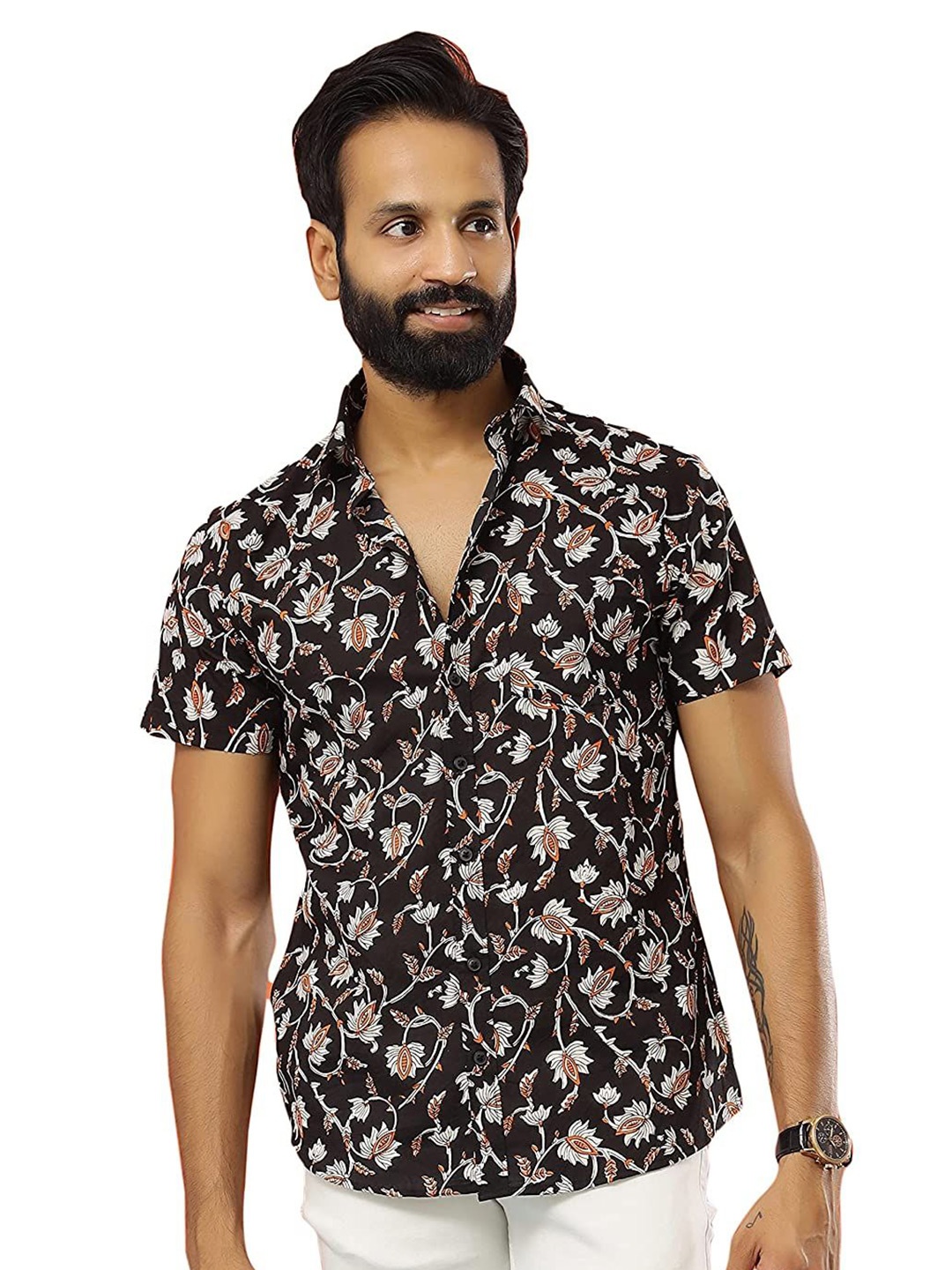 

SAY Men Classic Spread Collar Floral Printed Cotton Casual Shirt, Black