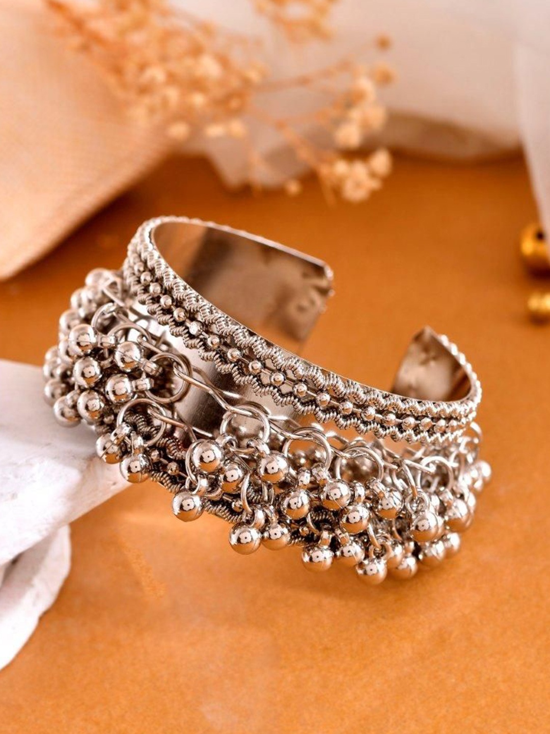 

VOJ Silver Plated Ghungroo Studded Oxidized Cuff Bracelet