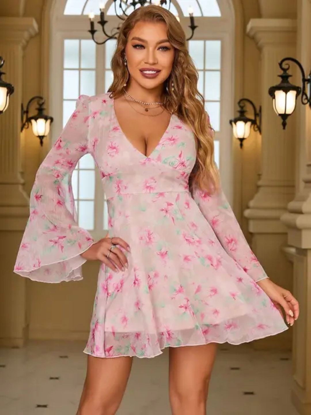 

StyleCast V-Neck Floral Long Sleeves A-Line Above Knee Dress, Pink